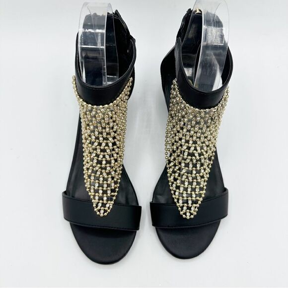Thalia Sodi‎ Black Tibby Gold/Crystal Mesh Embellished Wedge Open-Toe Sandals 5M - Picture 7 of 16